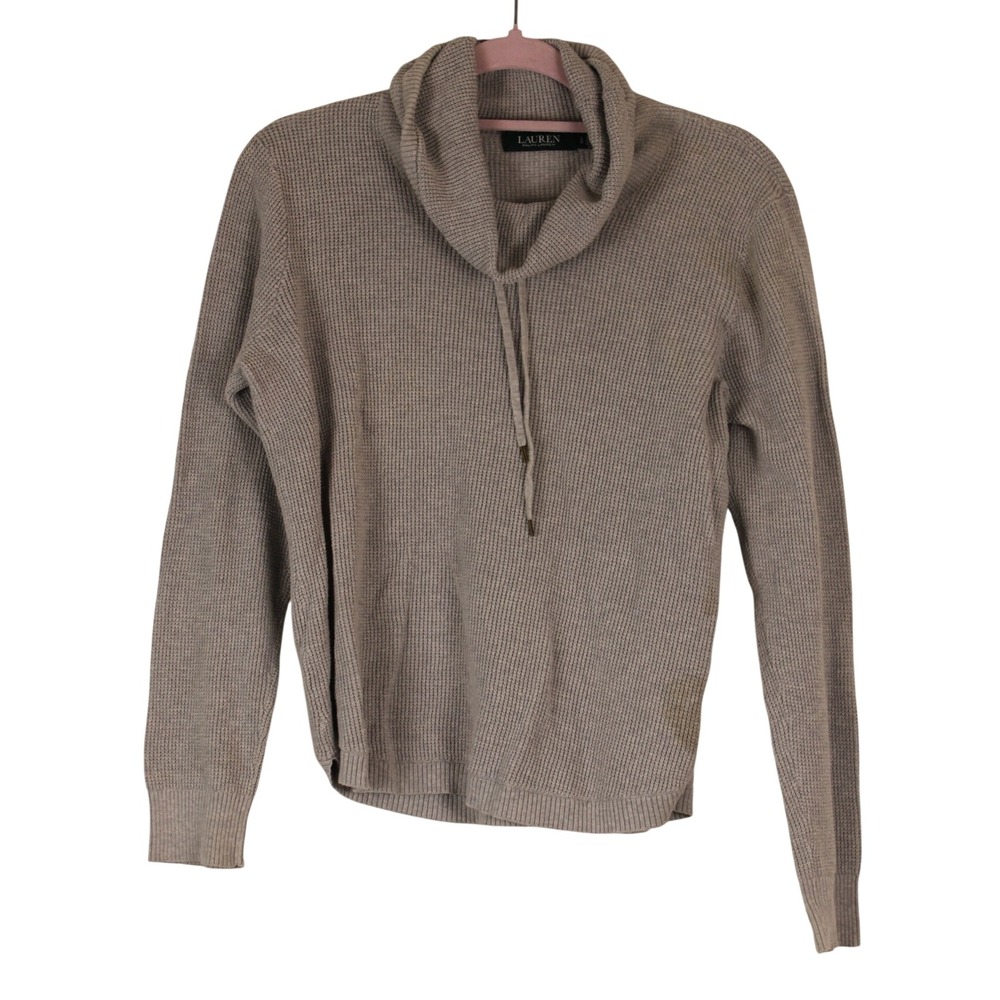 Lauren Ralph Lauren Athleisure Preppy  Gray Ribbed Knit Pullover Cowl Sweater L